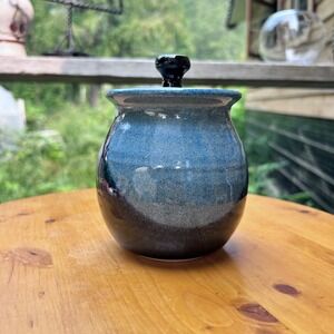 Vintage Jam Pot Blue Drip Glaze Lidded Stoneware Jar Sugar Bowl Studio Pottery